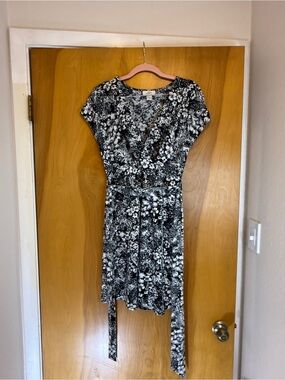 LOFT Black and White Floral Wrap Mini Dress